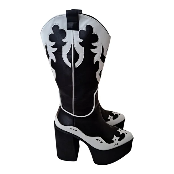 Current Mood stylish black and white Women's Platform heeled cowboy Boots - Picture 4 of 13